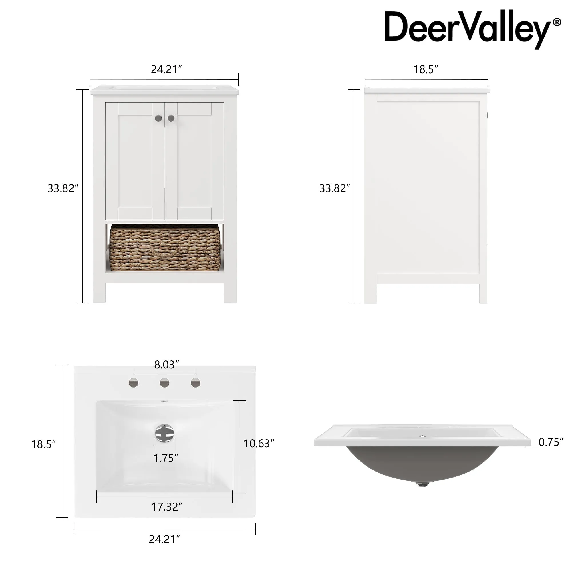 24" Pre-assembled Bathroom Vanity with Sink and Woven Storage Basket, 24 Inch White Vanity for Bathroom with Pre-drilled Holes, White.