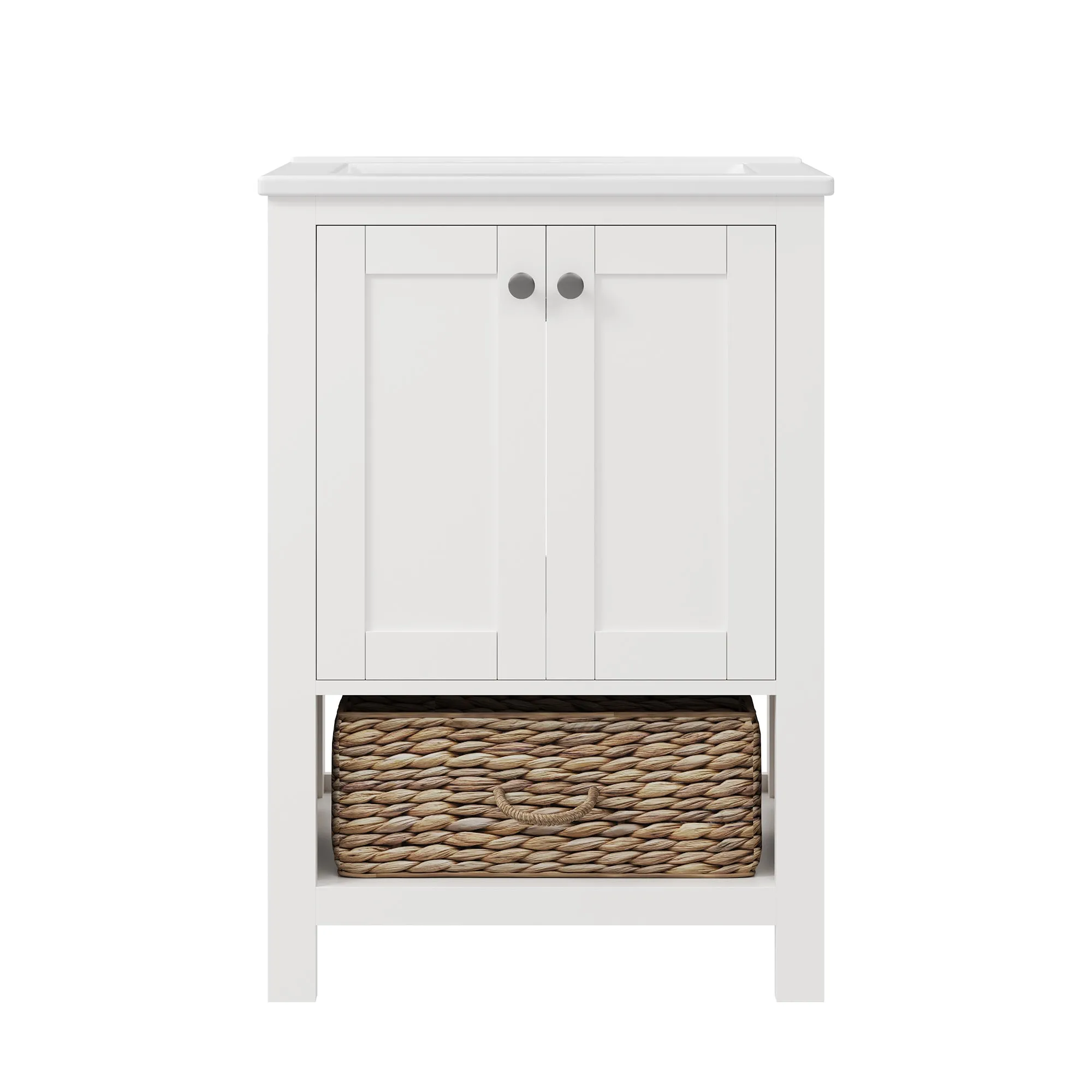 24" Pre-assembled Bathroom Vanity with Sink and Woven Storage Basket, 24 Inch White Vanity for Bathroom with Pre-drilled Holes, White.