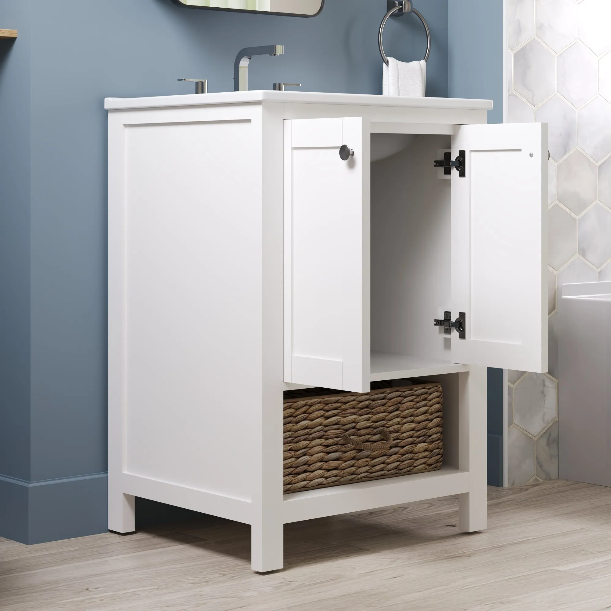24" Pre-assembled Bathroom Vanity with Sink and Woven Storage Basket, 24 Inch White Vanity for Bathroom with Pre-drilled Holes, White.