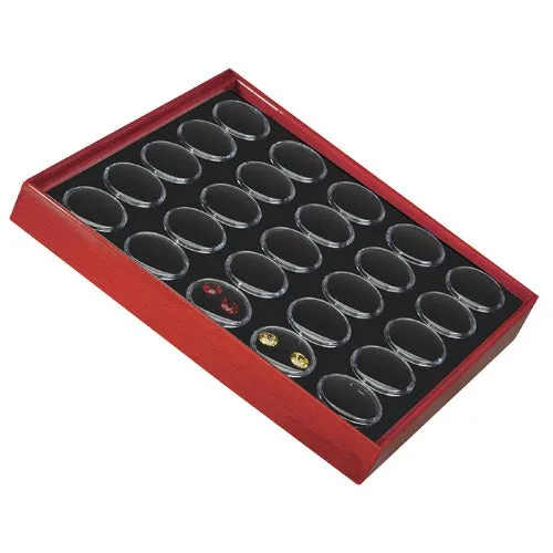 25 Acrylic 1.13" Ø Gem Jars w/Black Flat-Foam Inserts in Mahogany Wood Trays, 8.25" L x 7.25" W