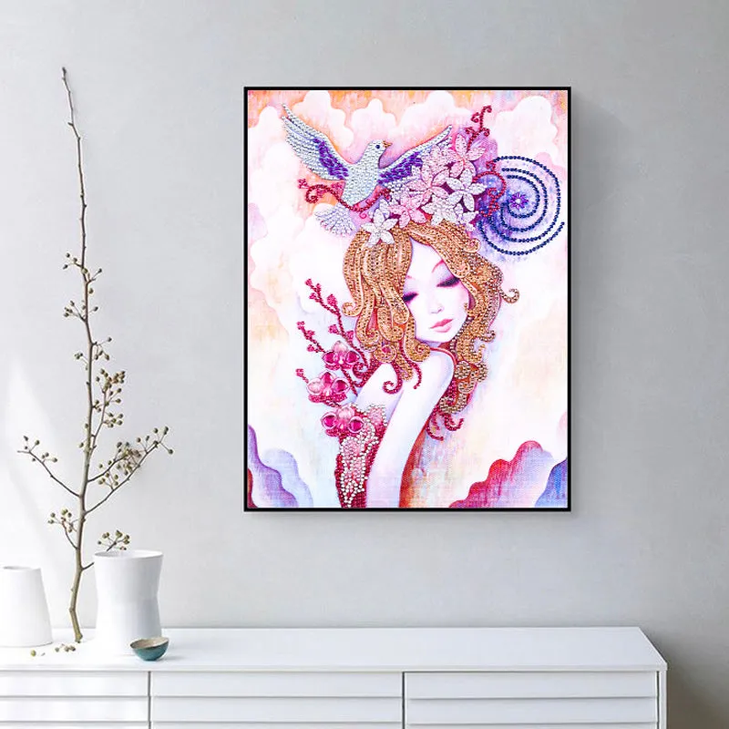 5D DIY  Special-Shaped Diamond-Beauty Flower Fairy Bird 30*40cm