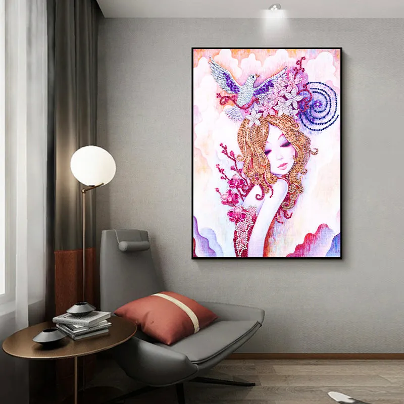 5D DIY  Special-Shaped Diamond-Beauty Flower Fairy Bird 30*40cm