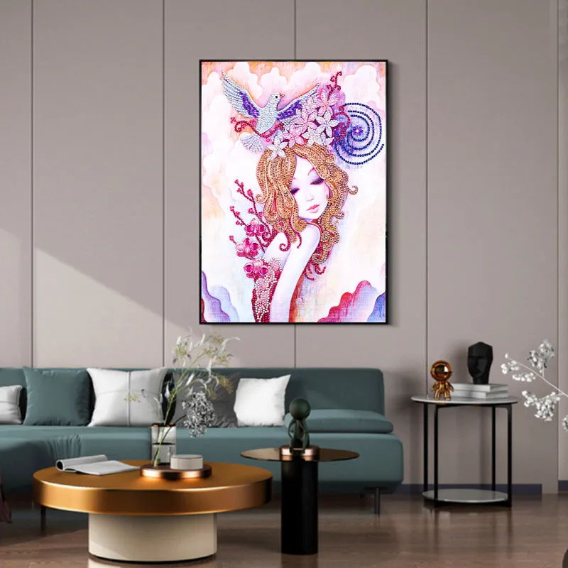 5D DIY  Special-Shaped Diamond-Beauty Flower Fairy Bird 30*40cm