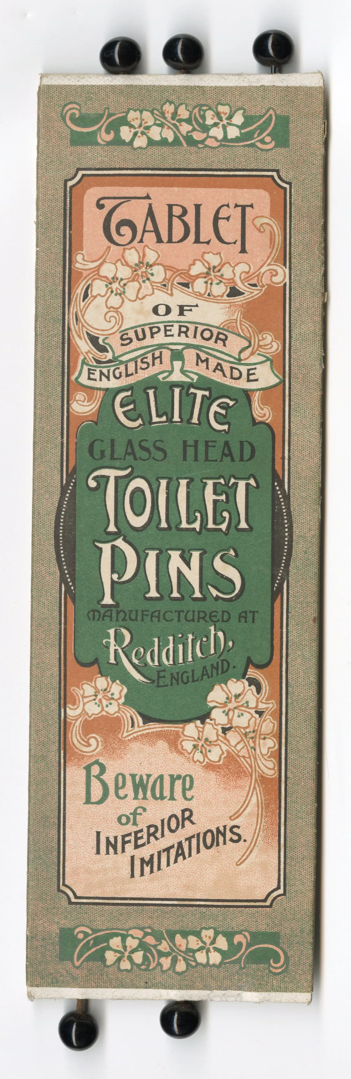 Antique 1900's ELITE TOILET PIN TABLET, Edwardian Glass Hat Pins, Vintage Fashion