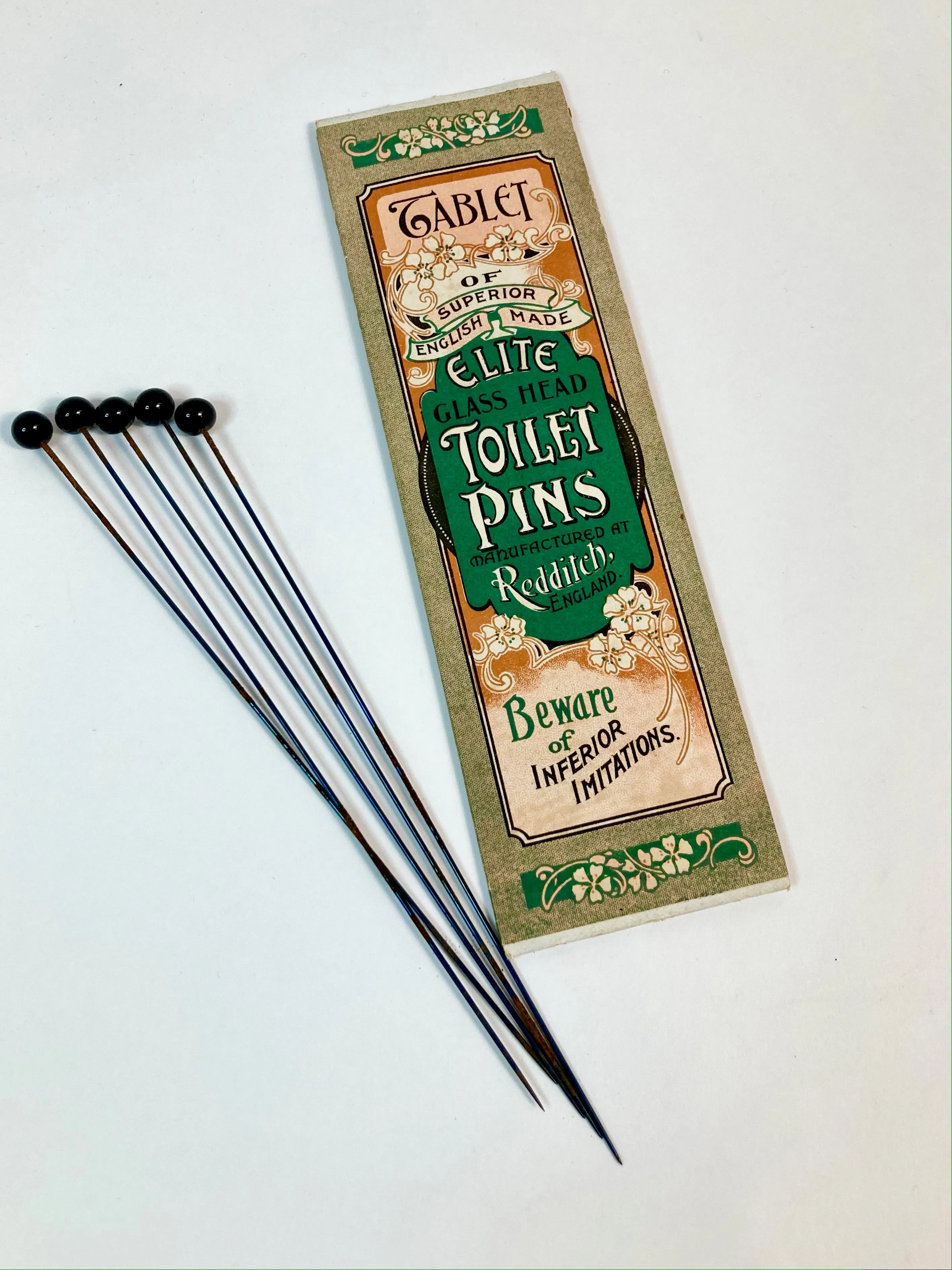 Antique 1900's ELITE TOILET PIN TABLET, Edwardian Glass Hat Pins, Vintage Fashion