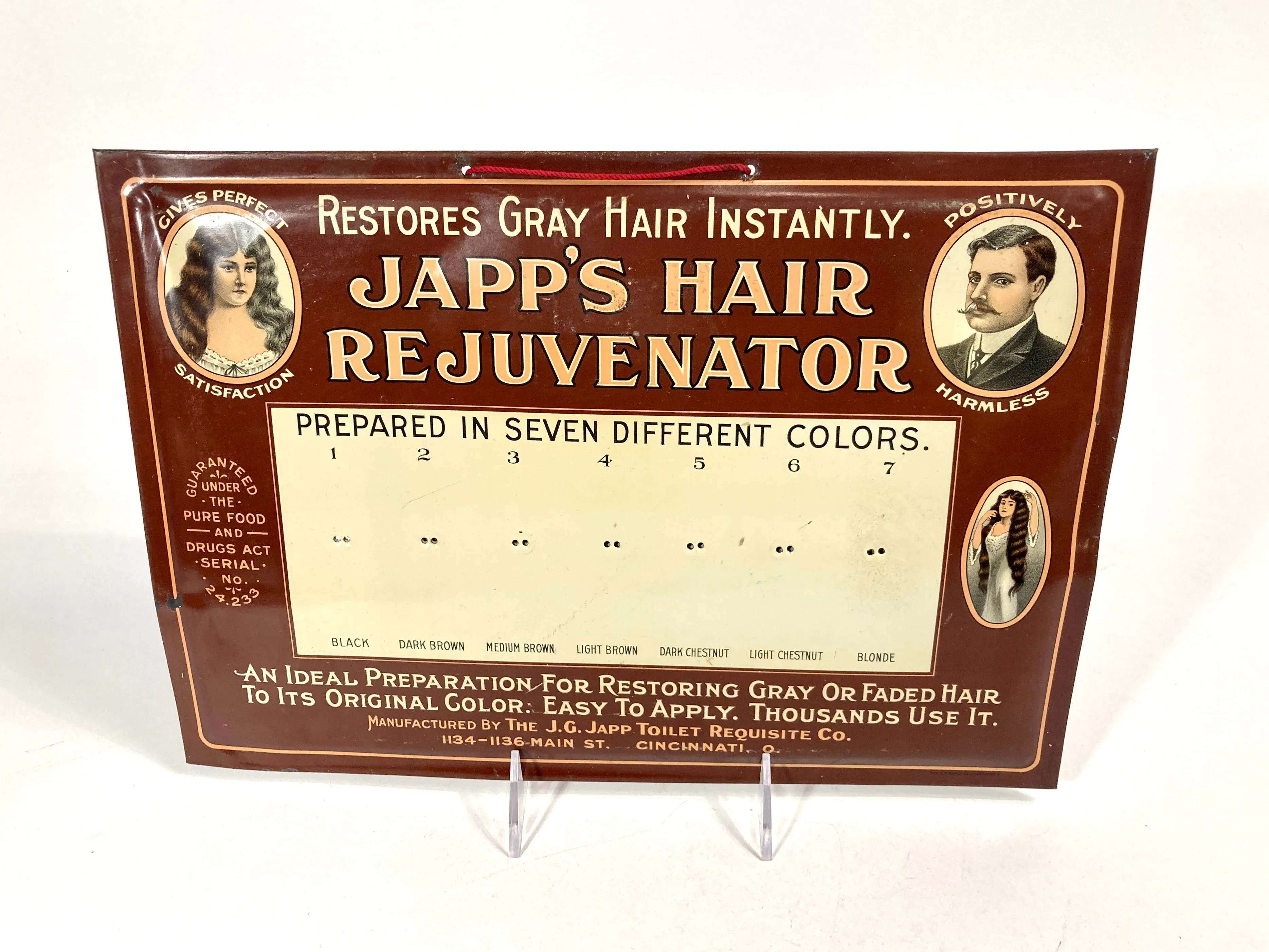 Antique Edwardian JAPP'S HAIR REJUVENATOR Metal Store Display, Sign