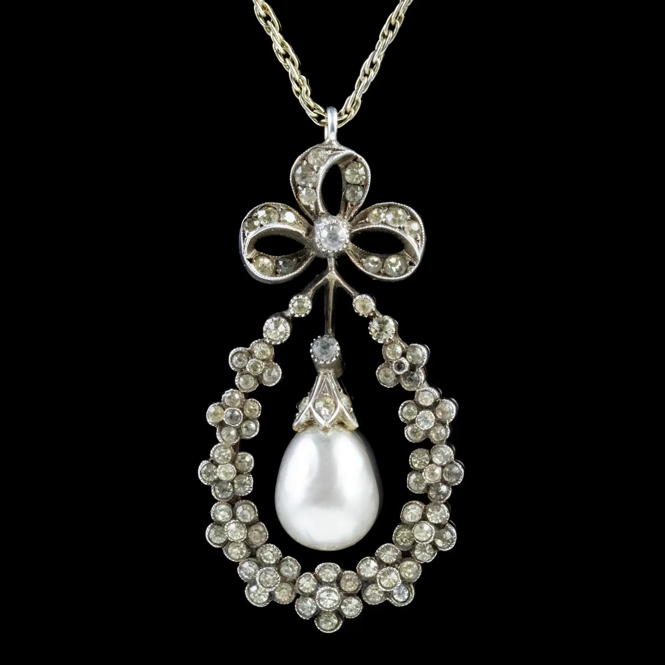 Antique Edwardian Paste Pendant Necklace Sterling Silver Circa 1905