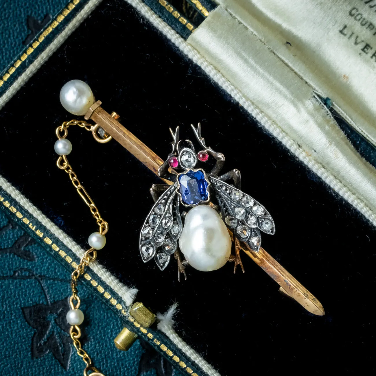 Antique Victorian French Pearl Sapphire Ruby Diamond Insect Brooch