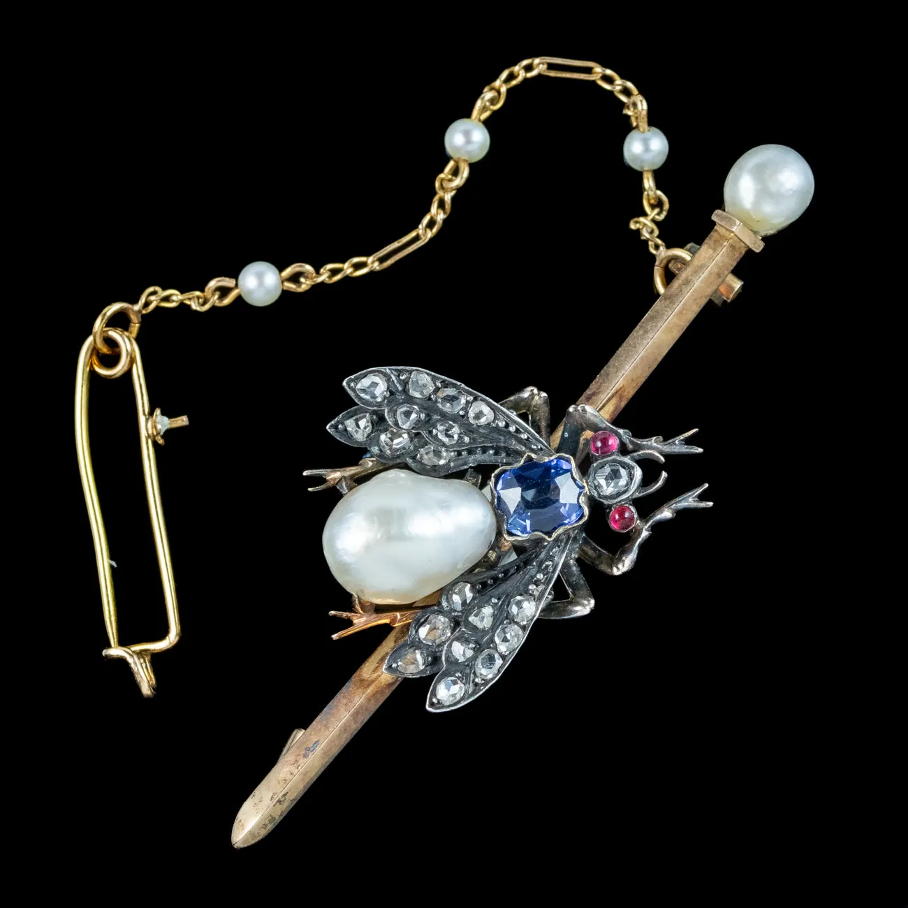 Antique Victorian French Pearl Sapphire Ruby Diamond Insect Brooch