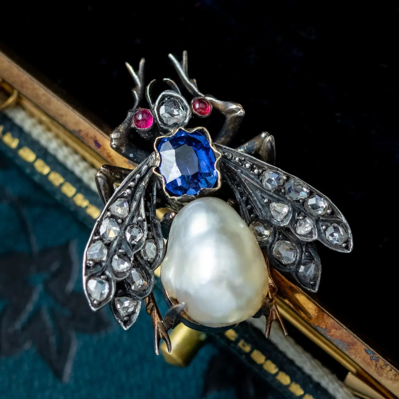 Antique Victorian French Pearl Sapphire Ruby Diamond Insect Brooch