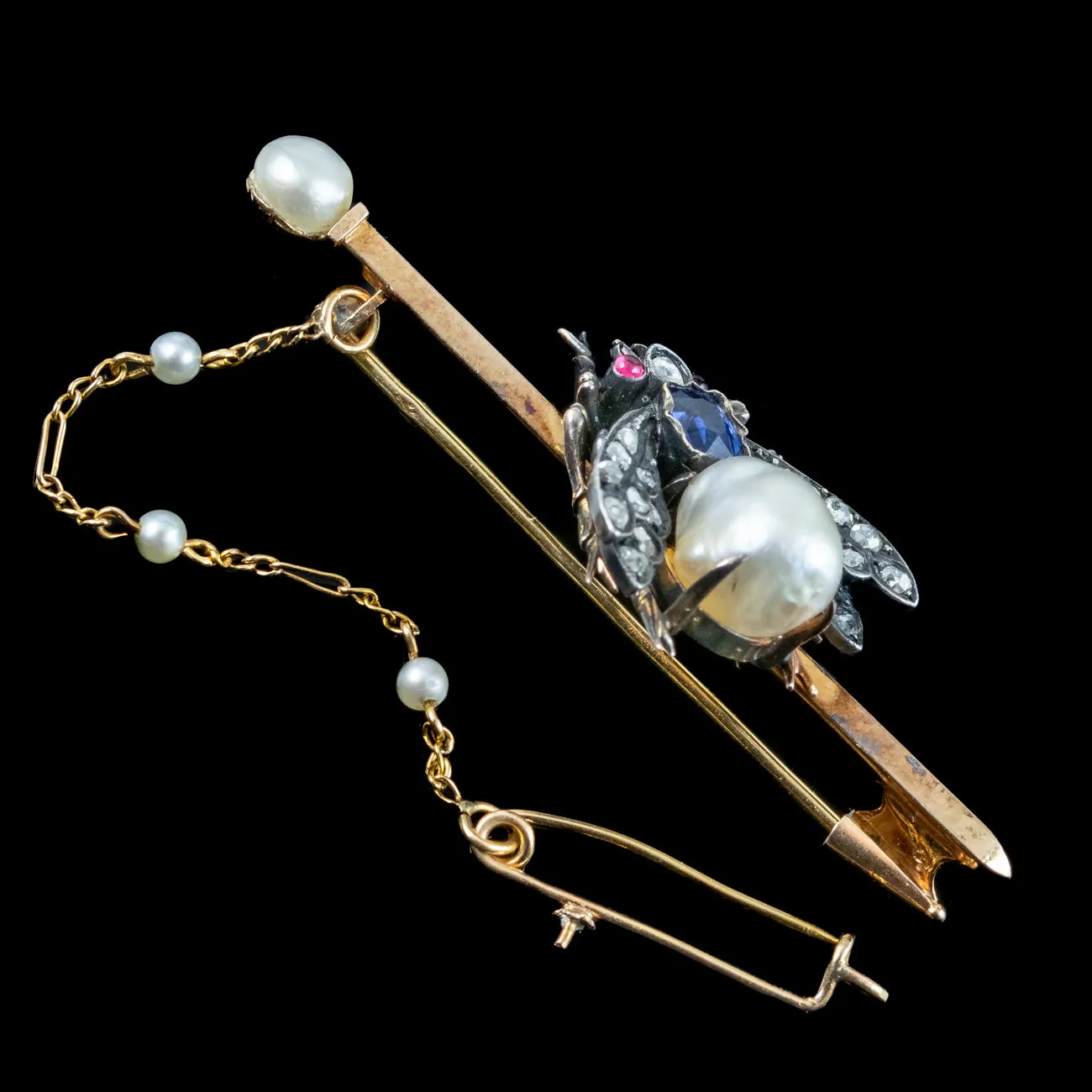 Antique Victorian French Pearl Sapphire Ruby Diamond Insect Brooch