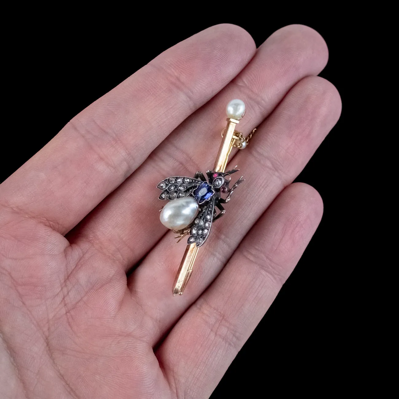 Antique Victorian French Pearl Sapphire Ruby Diamond Insect Brooch