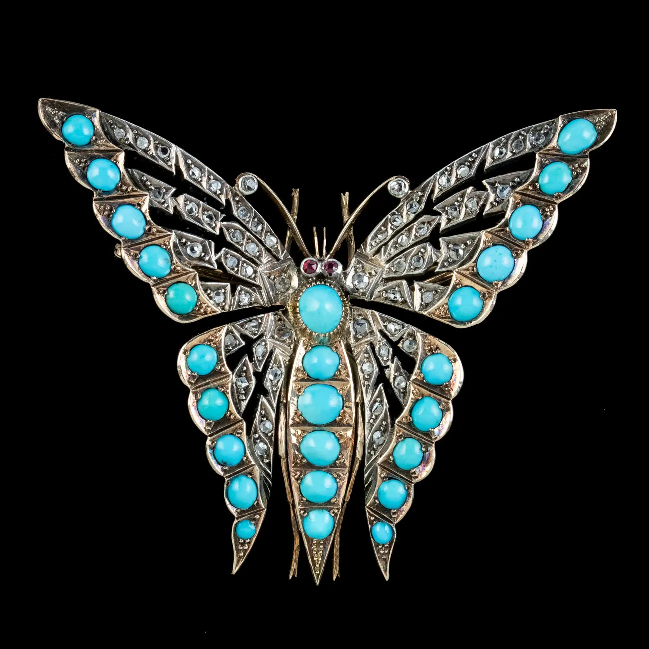 Antique Victorian Turquoise Diamond Butterfly Brooch Silver 15ct Gold