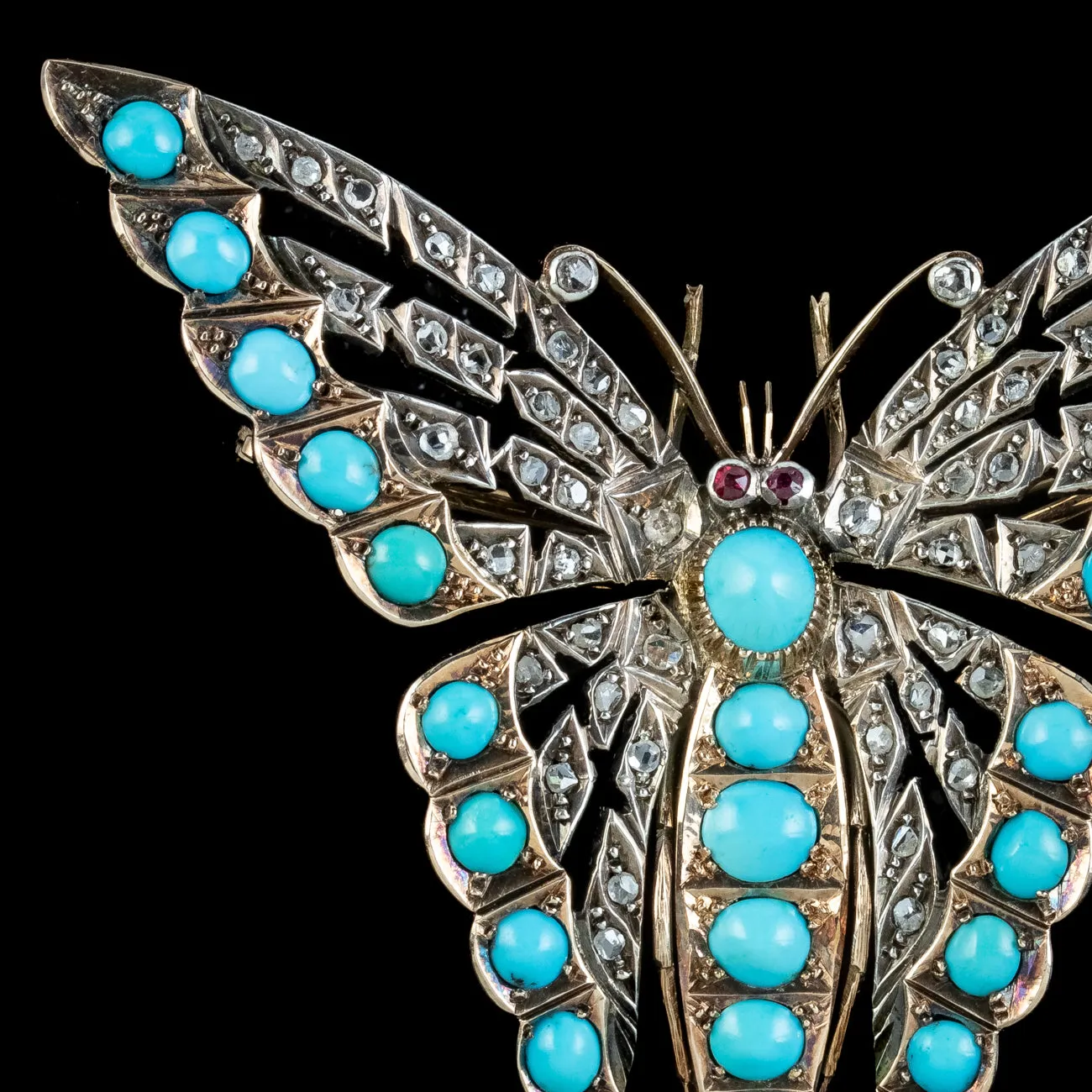 Antique Victorian Turquoise Diamond Butterfly Brooch Silver 15ct Gold