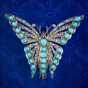 Antique Victorian Turquoise Diamond Butterfly Brooch Silver 15ct Gold