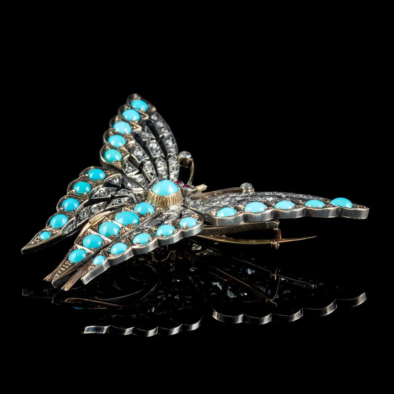 Antique Victorian Turquoise Diamond Butterfly Brooch Silver 15ct Gold