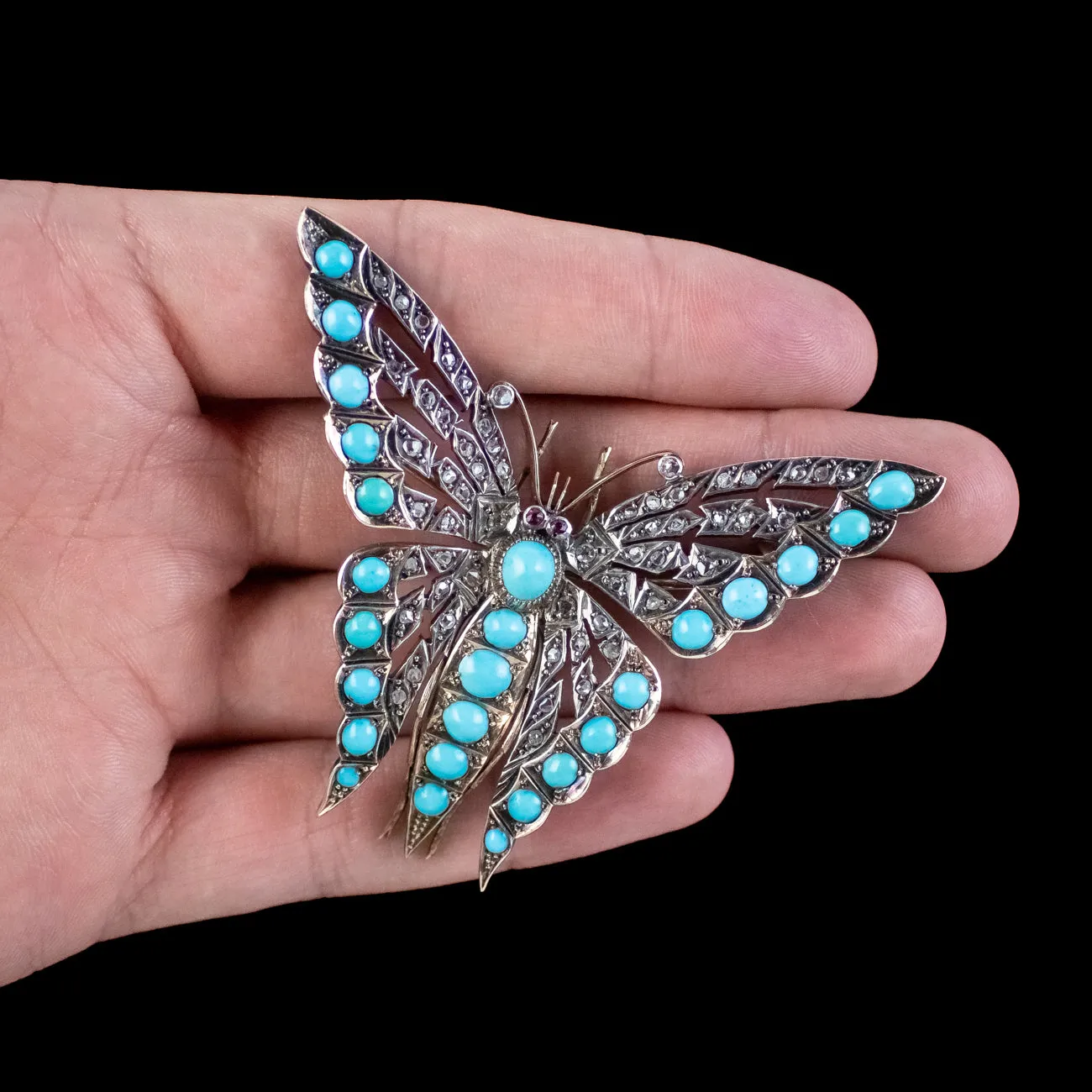 Antique Victorian Turquoise Diamond Butterfly Brooch Silver 15ct Gold