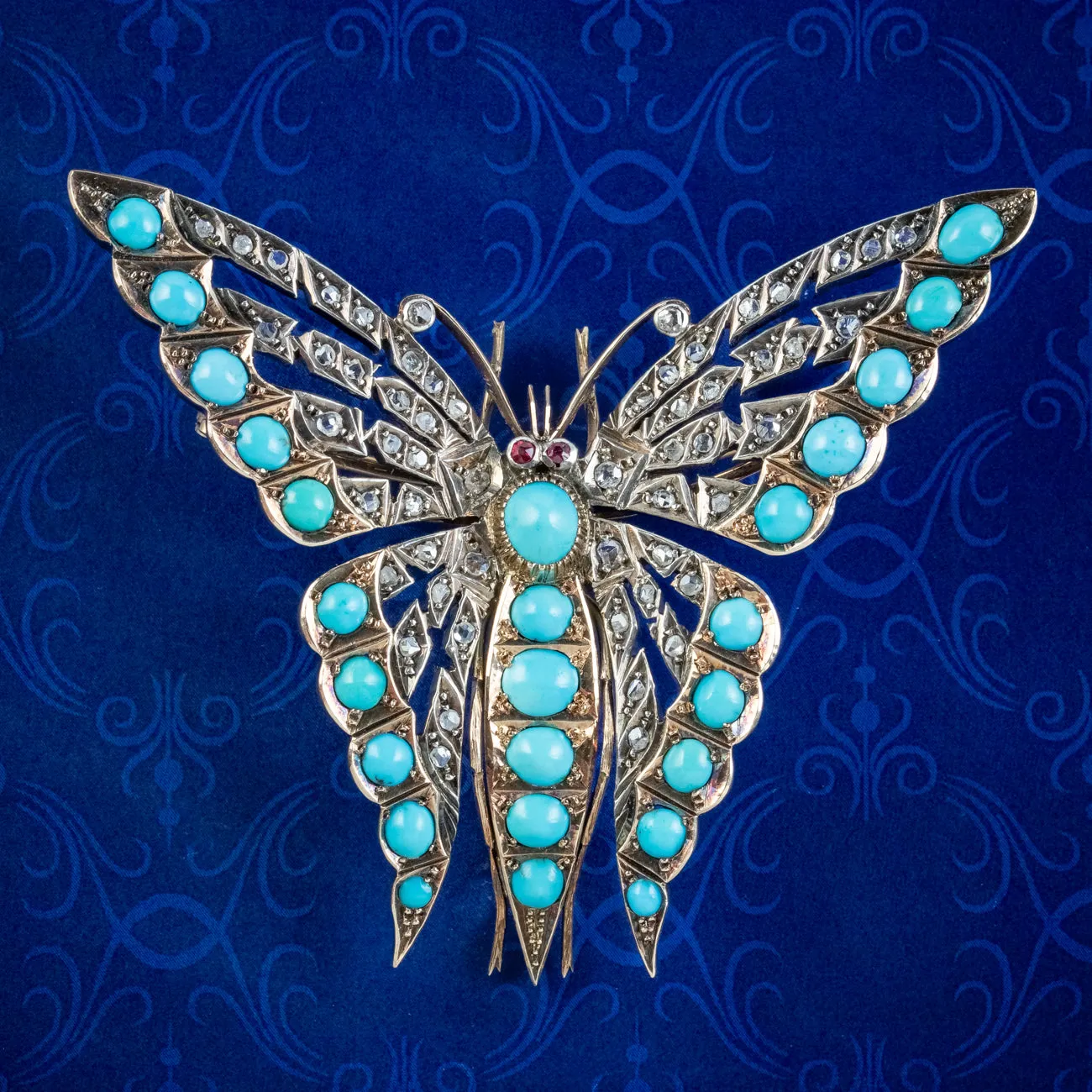 Antique Victorian Turquoise Diamond Butterfly Brooch Silver 15ct Gold