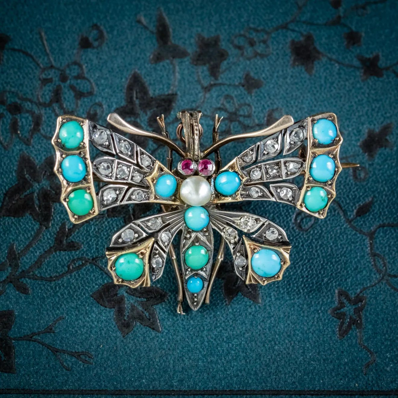 Antique Victorian Turquoise Diamond Pearl Butterfly Pendant Brooch Circa 1900