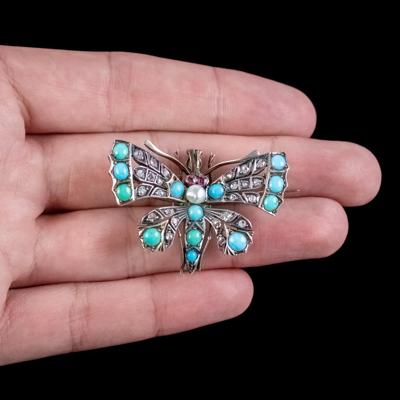 Antique Victorian Turquoise Diamond Pearl Butterfly Pendant Brooch Circa 1900