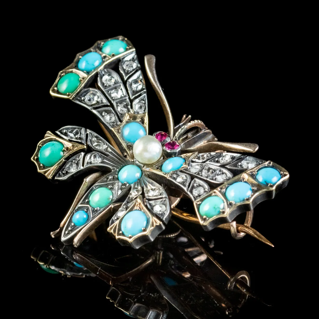 Antique Victorian Turquoise Diamond Pearl Butterfly Pendant Brooch Circa 1900