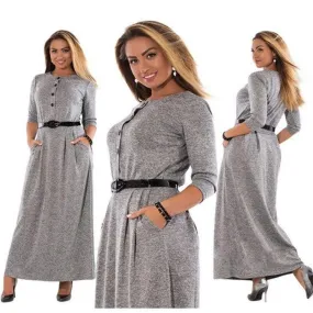 Autumn Clothes Plus Size Women's Clothes Dress Solid Color Long Sleeve High Waist Belt