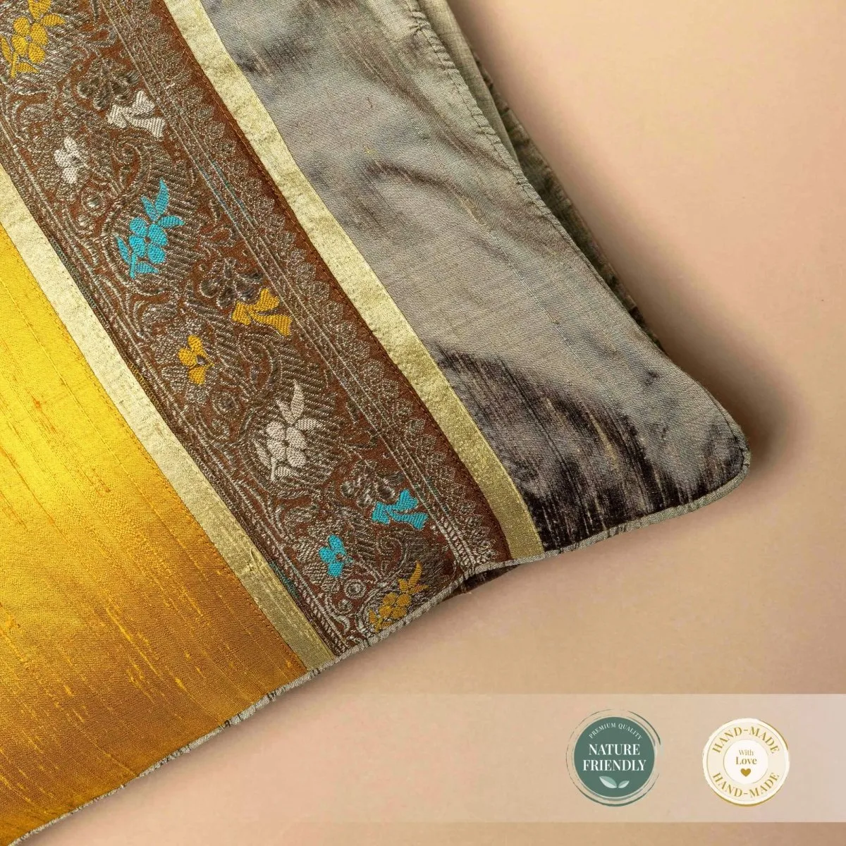 Banarasi Silk Cushion Cover in Turmeric & Beige