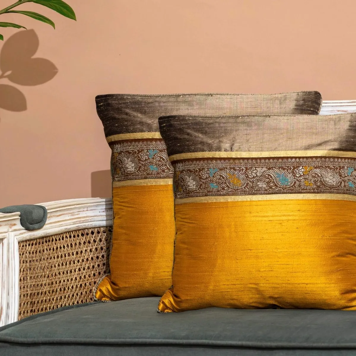 Banarasi Silk Cushion Cover in Turmeric & Beige