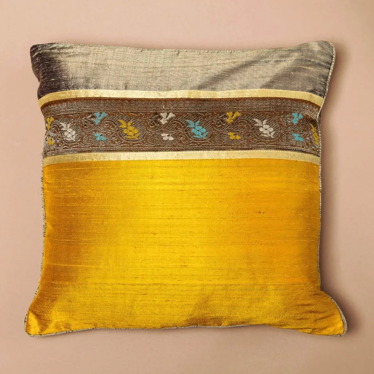 Banarasi Silk Cushion Cover in Turmeric & Beige