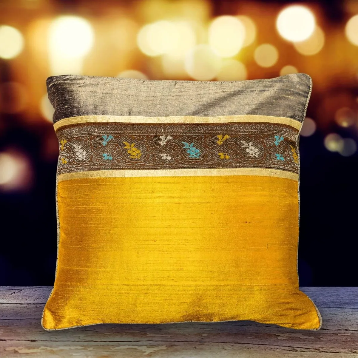 Banarasi Silk Cushion Cover in Turmeric & Beige