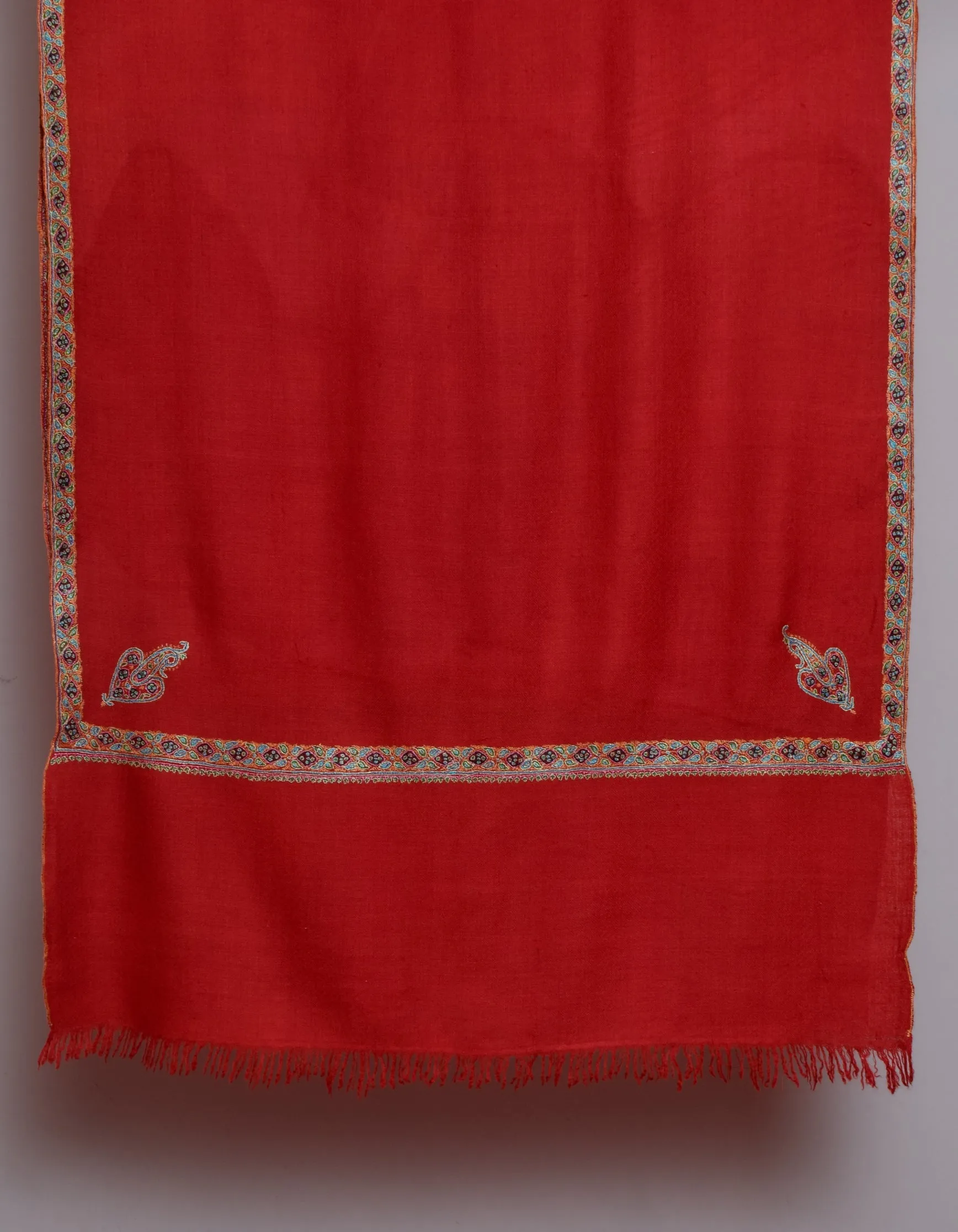 Bright Red Handwoven Sozni Border Embroidered Cashmere Pashmina Stole