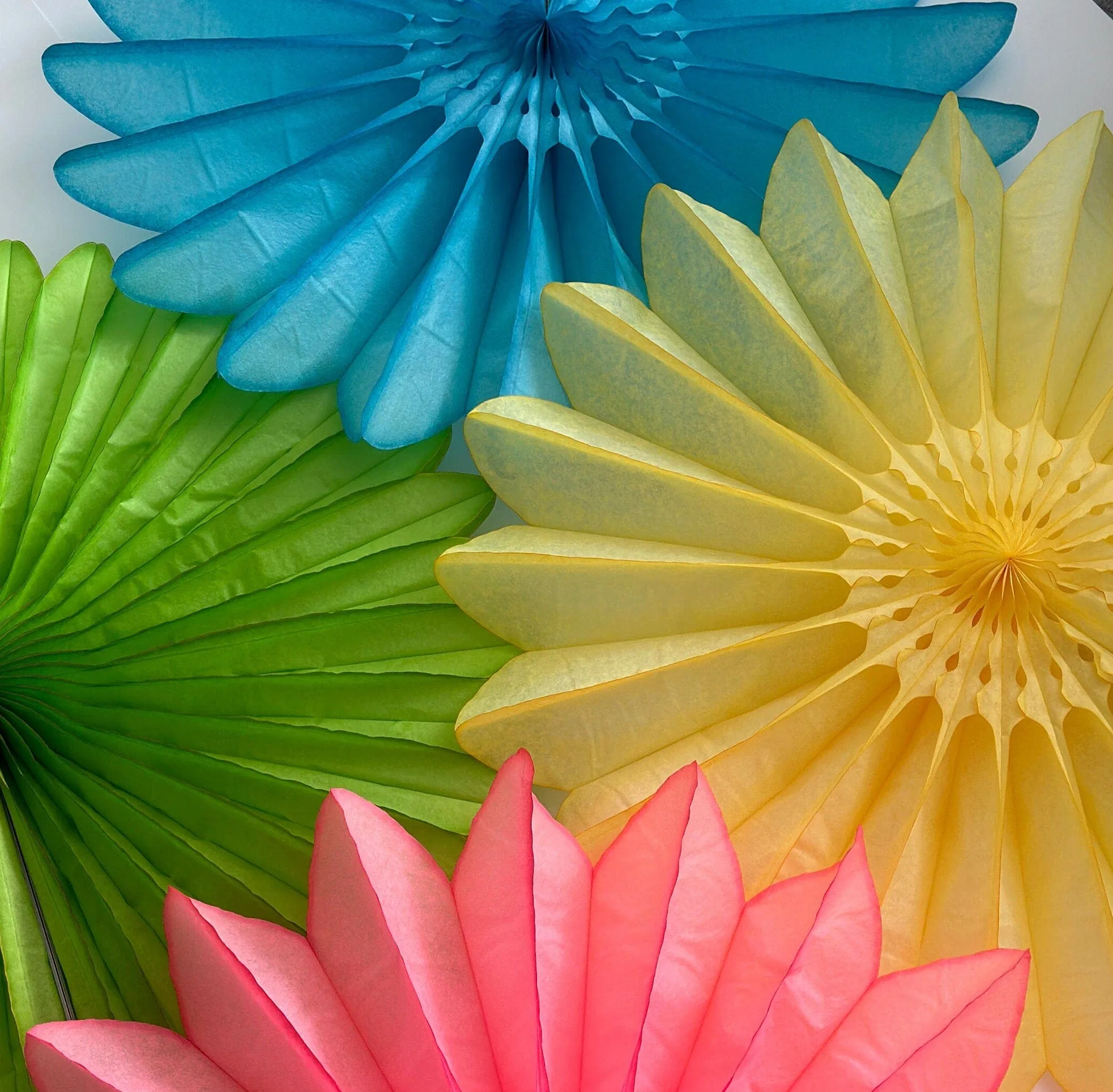 Bright Summer Paper Fans Colourful set- Set of 4 - 26'  / 67cm Diameter  Wall party Decorations Yellow Green Blue and Pink Whimsical Garden