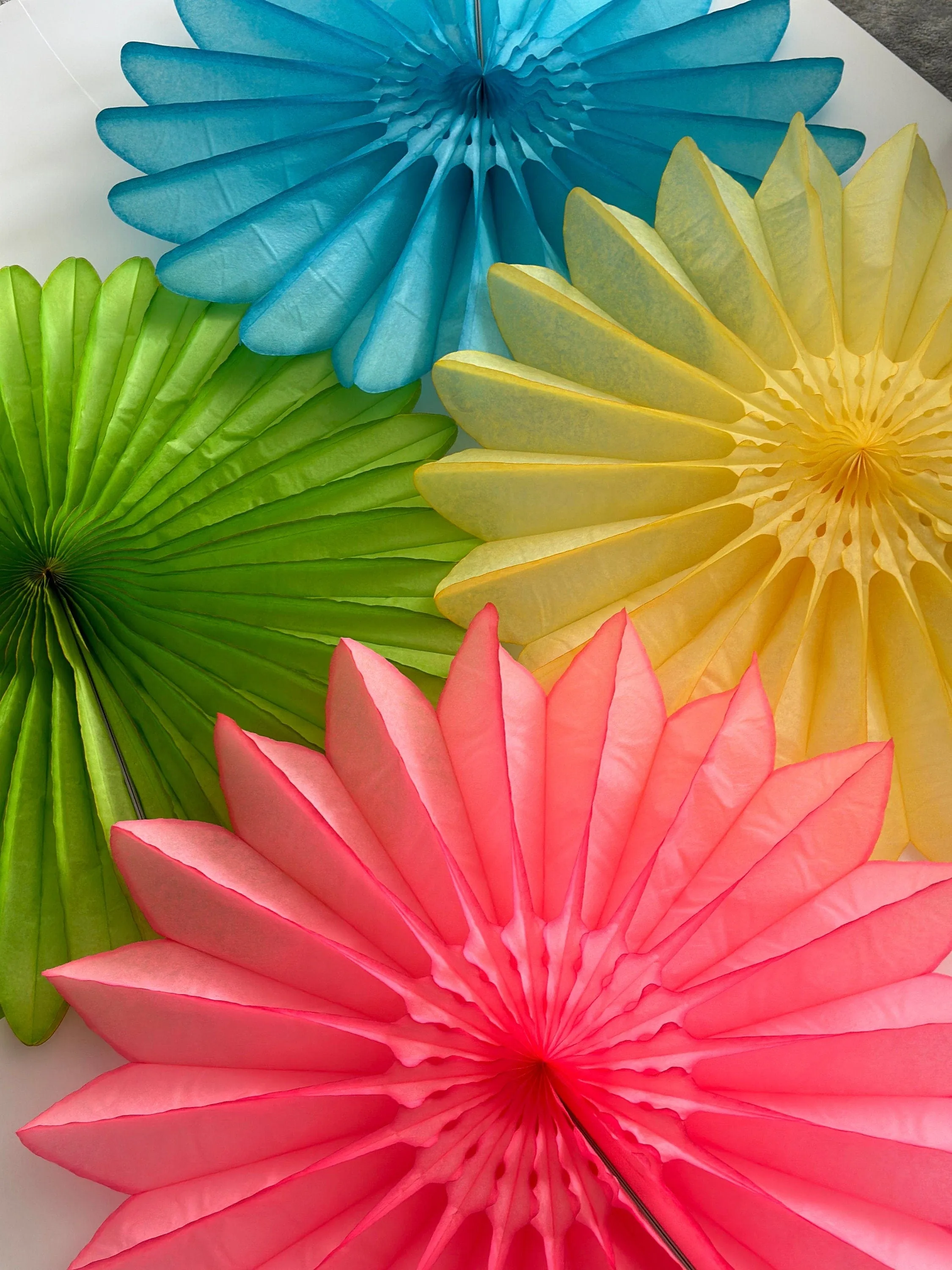 Bright Summer Paper Fans Colourful set- Set of 4 - 26'  / 67cm Diameter  Wall party Decorations Yellow Green Blue and Pink Whimsical Garden