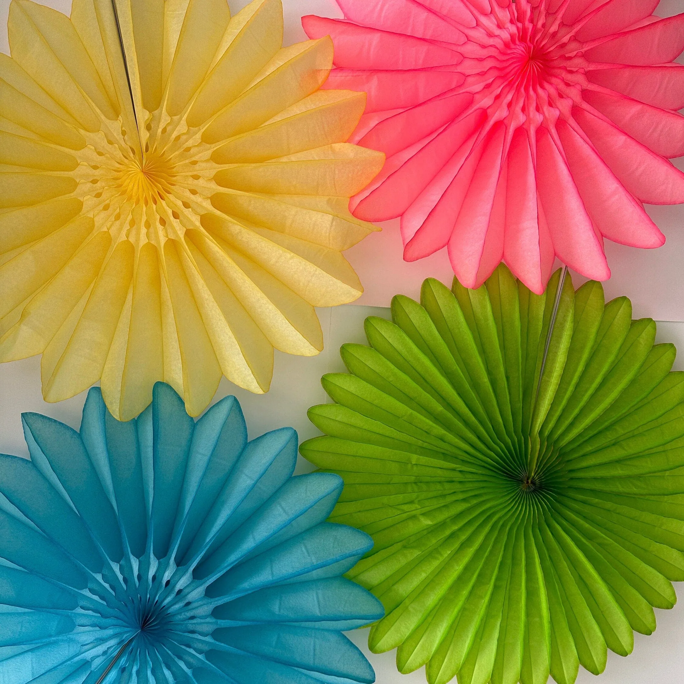 Bright Summer Paper Fans Colourful set- Set of 4 - 26'  / 67cm Diameter  Wall party Decorations Yellow Green Blue and Pink Whimsical Garden