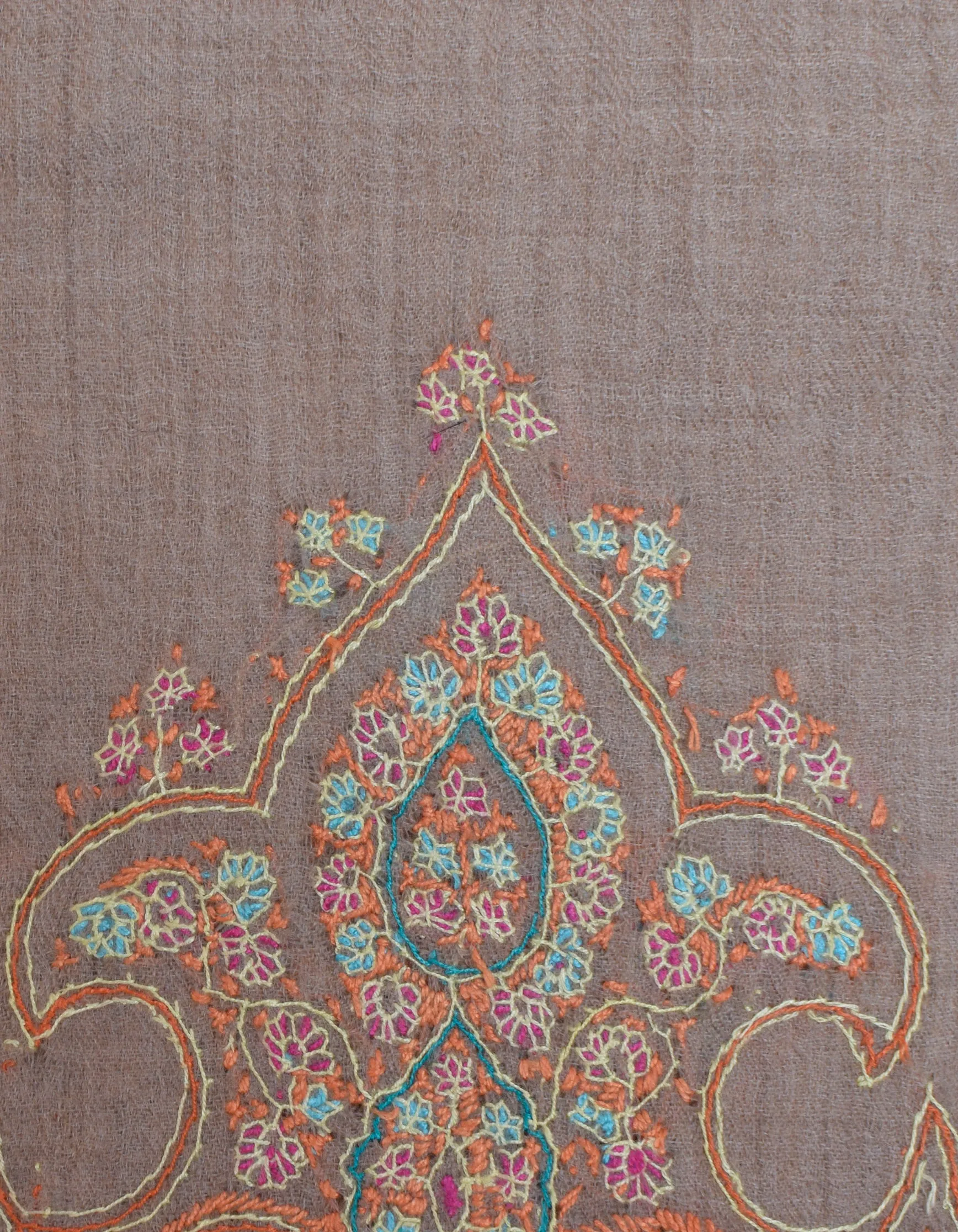 Brownish-grey Handwoven Border Palla  Embroidered Cashmere Pashmina Stole