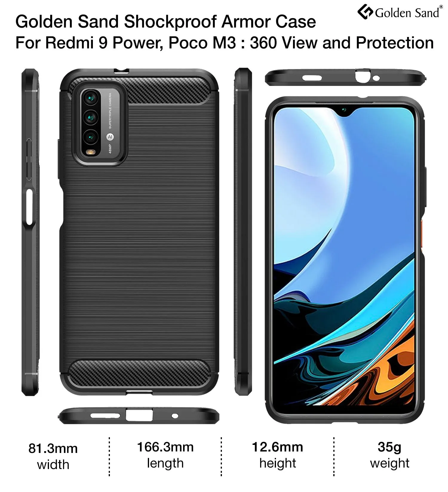 Carbon Fibre Series Shockproof Armor Back Cover for Redmi 9 Power, Black