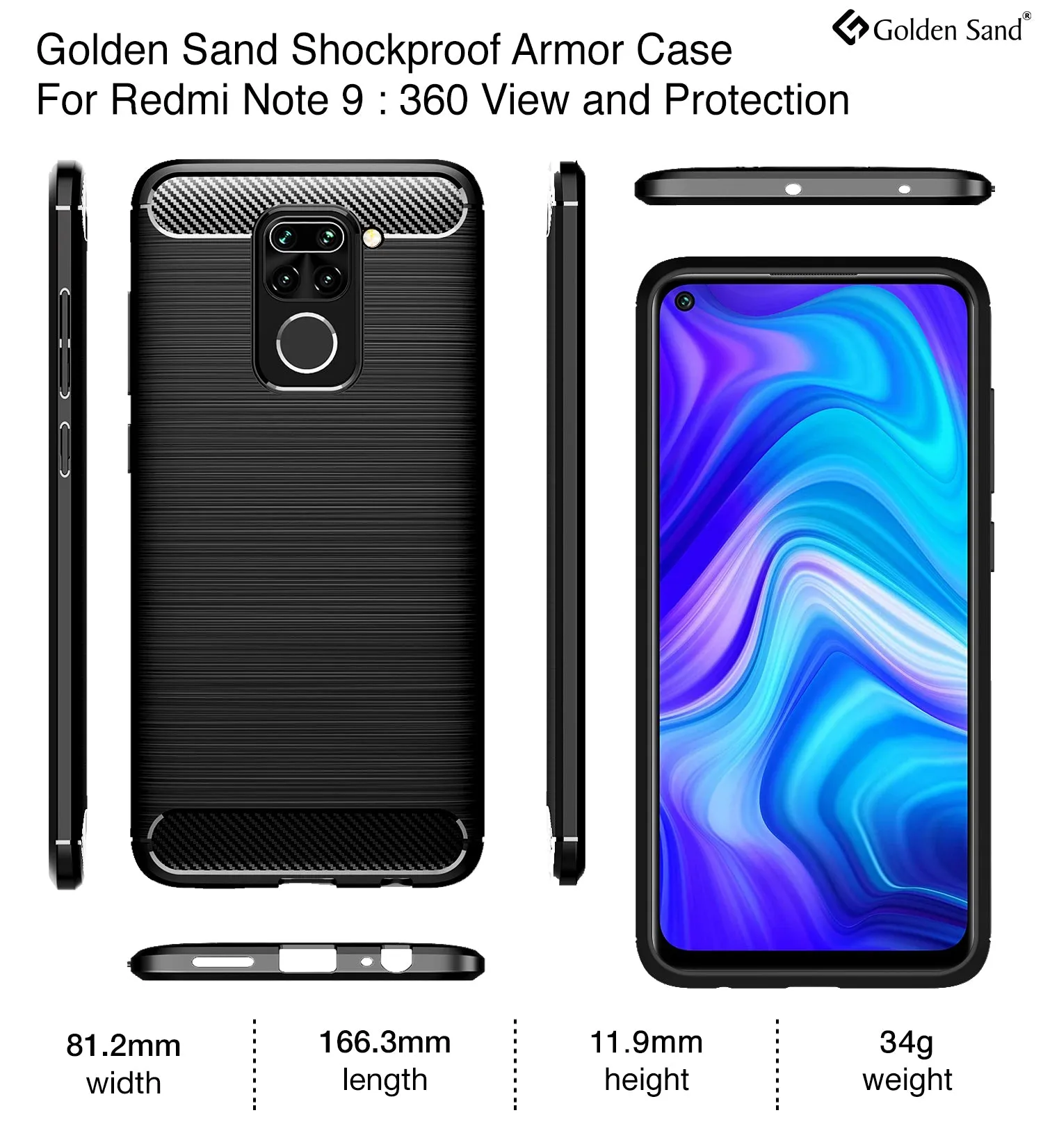 Carbon Fibre Series Shockproof Armor Back Cover for Redmi Note 9, 6.53 inch, Black