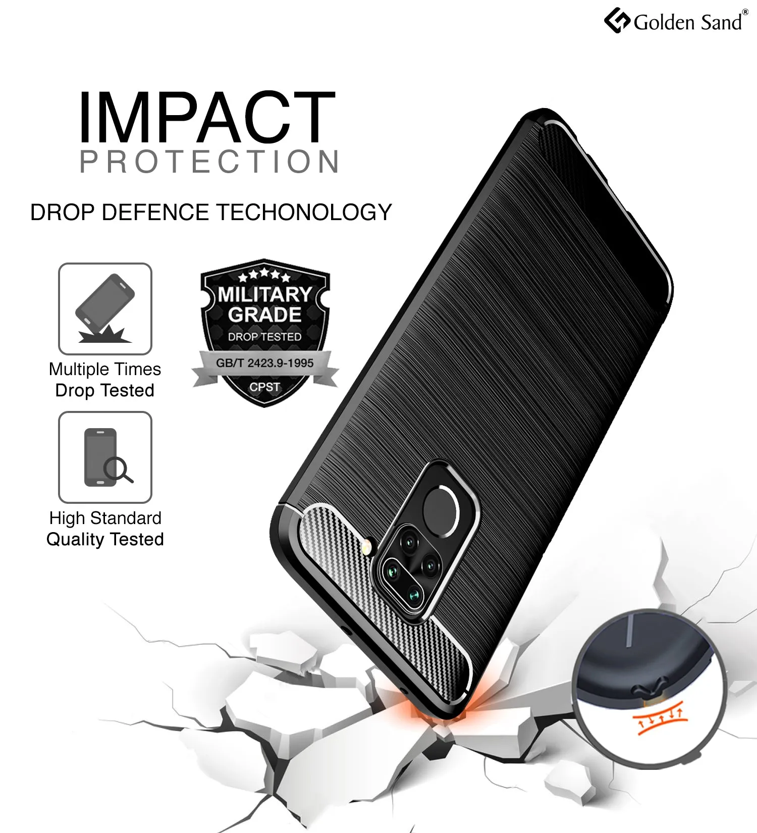 Carbon Fibre Series Shockproof Armor Back Cover for Redmi Note 9, 6.53 inch, Black