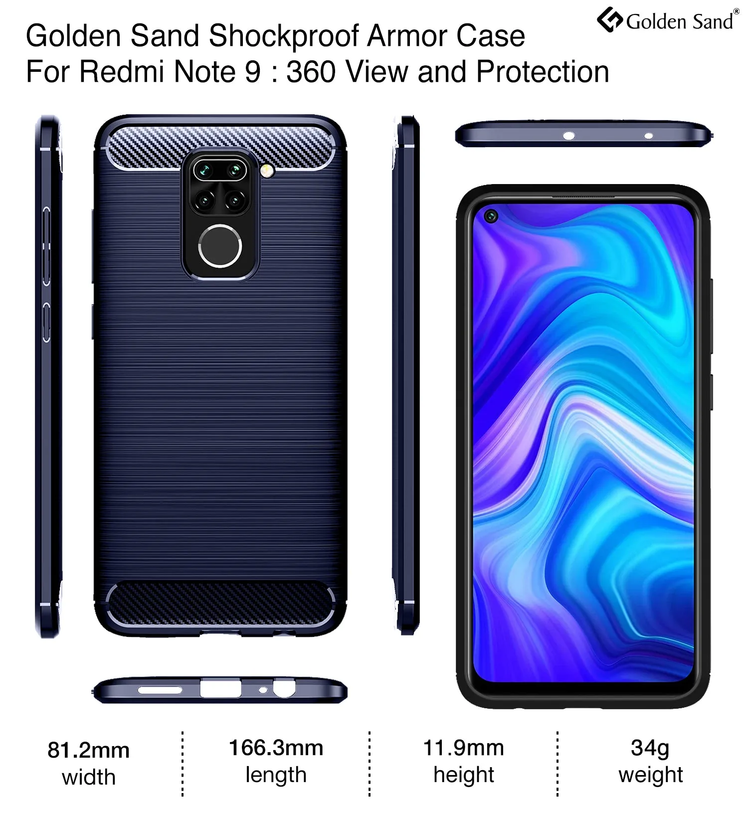 Carbon Fibre Series Shockproof Armor Back Cover for Redmi Note 9, 6.53 inch, Blue