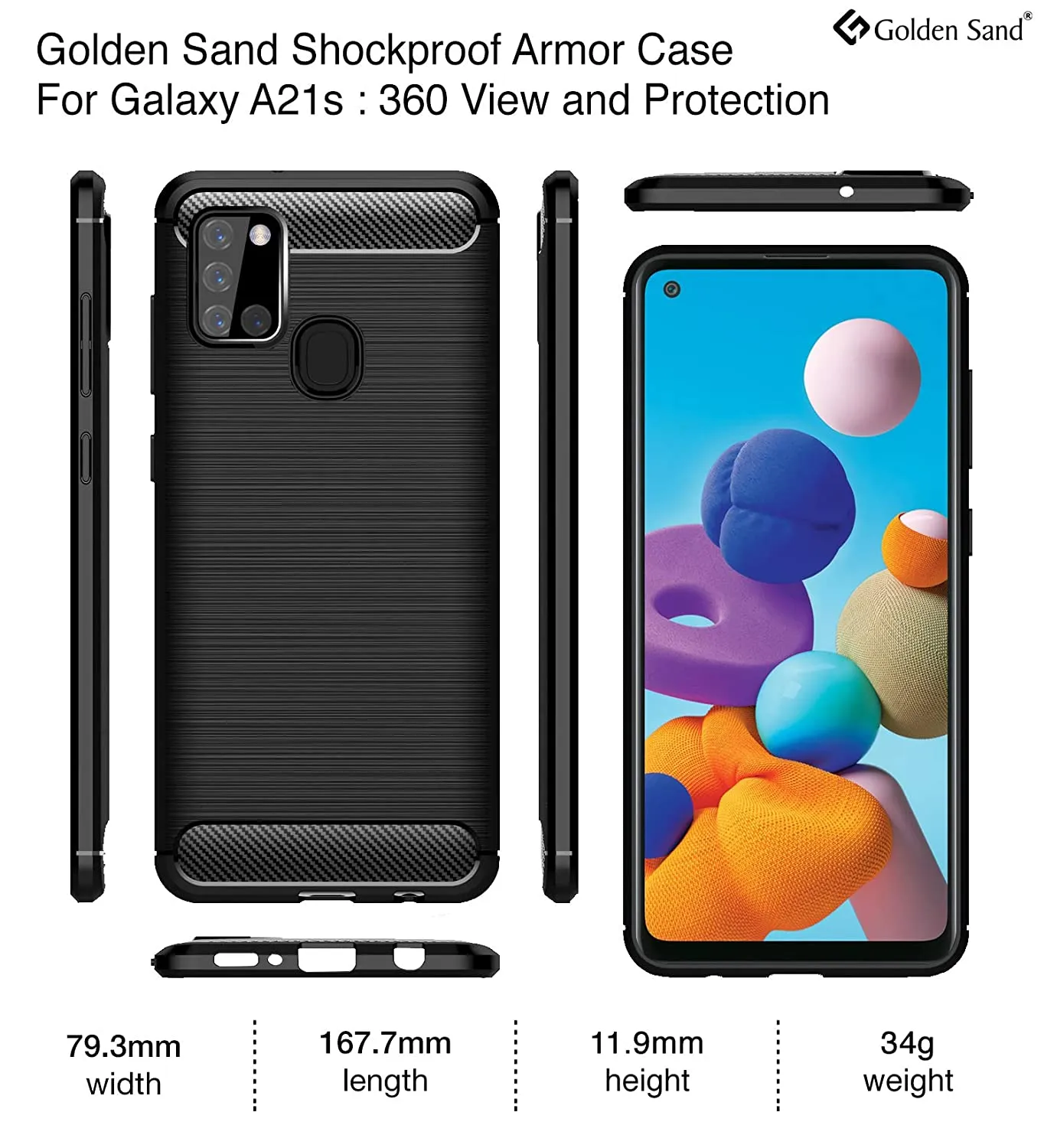 Carbon Fibre Series Shockproof Armor Back Cover for Samsung Galaxy A21s 6.5 inch, Black
