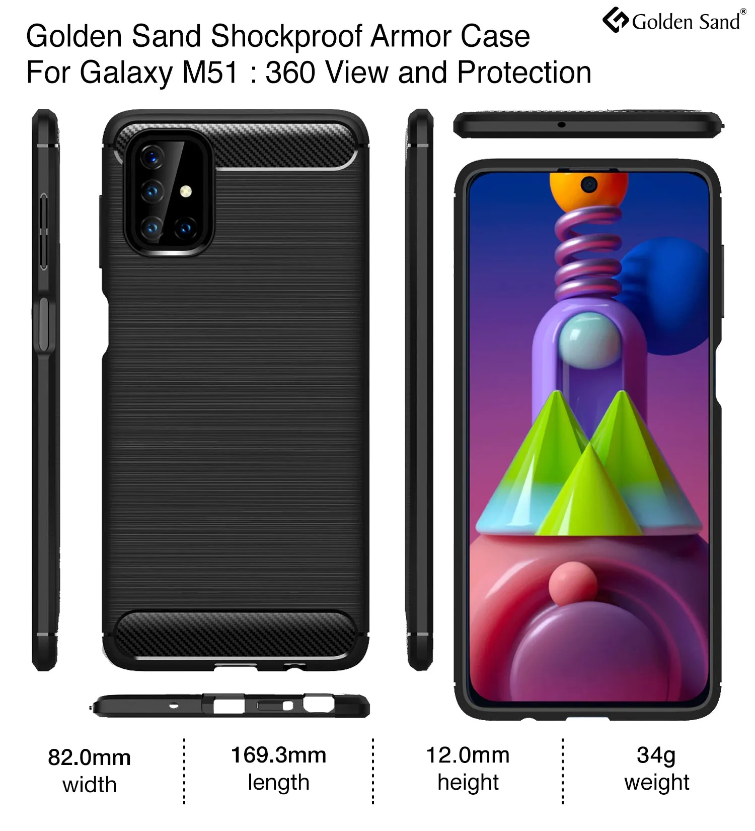 Carbon Fibre Series Shockproof Armor Back Cover for Samsung Galaxy M51, Black