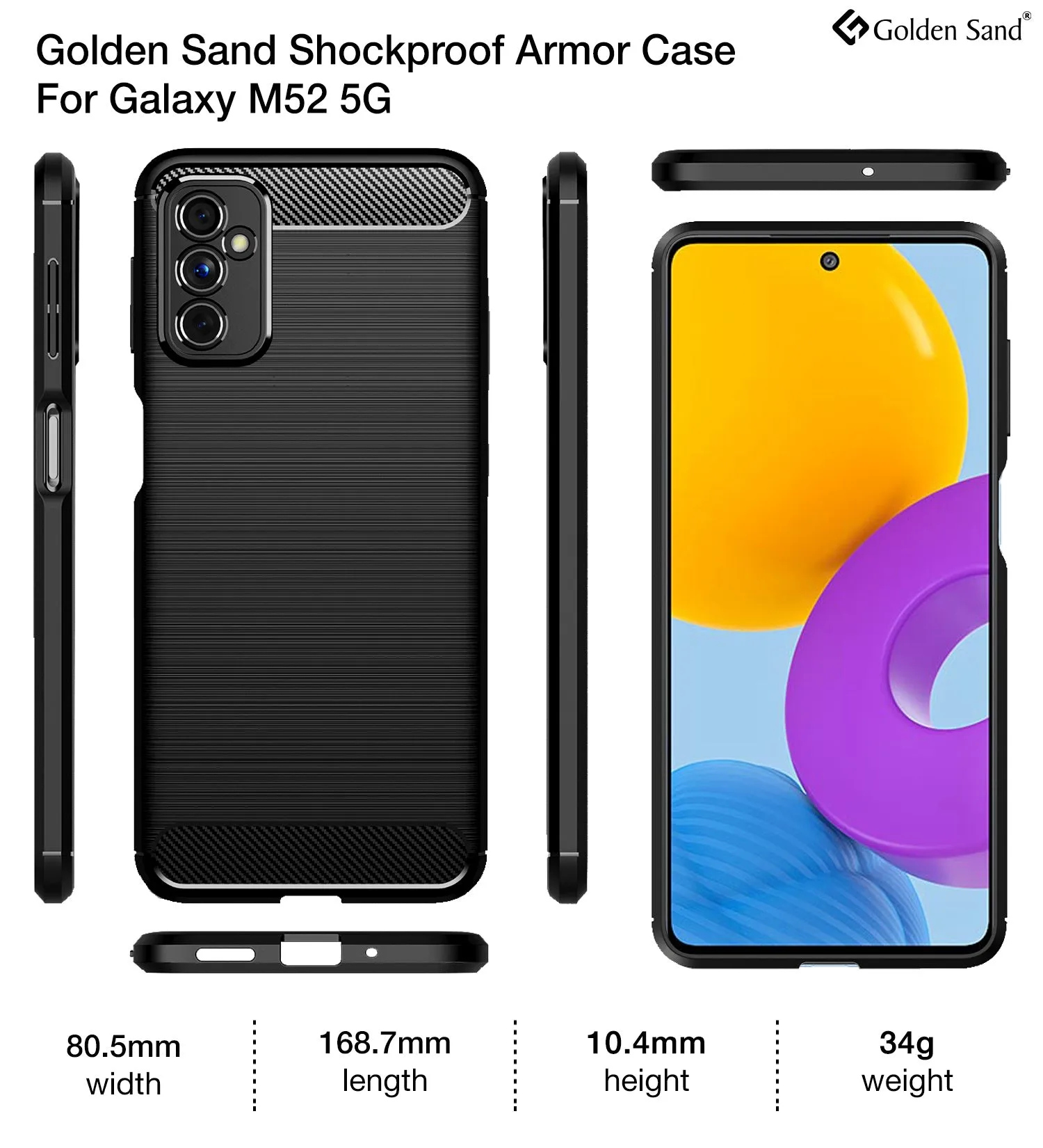 Carbon Fibre Series Shockproof Armor Back Cover for Samsung Galaxy M52 5G, 6.7 inch, Blazing Black