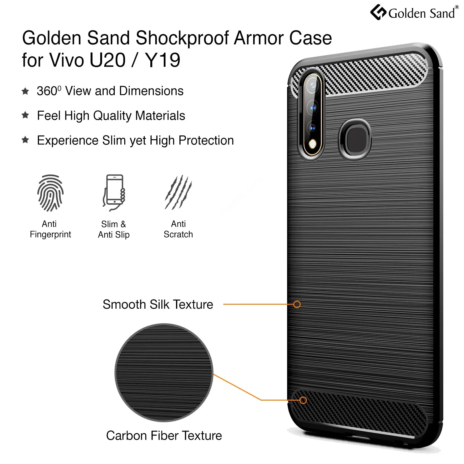 Carbon Fibre Series Shockproof Armor Back Cover for Vivo U20, Vivo Y19 6.53 inch, Black