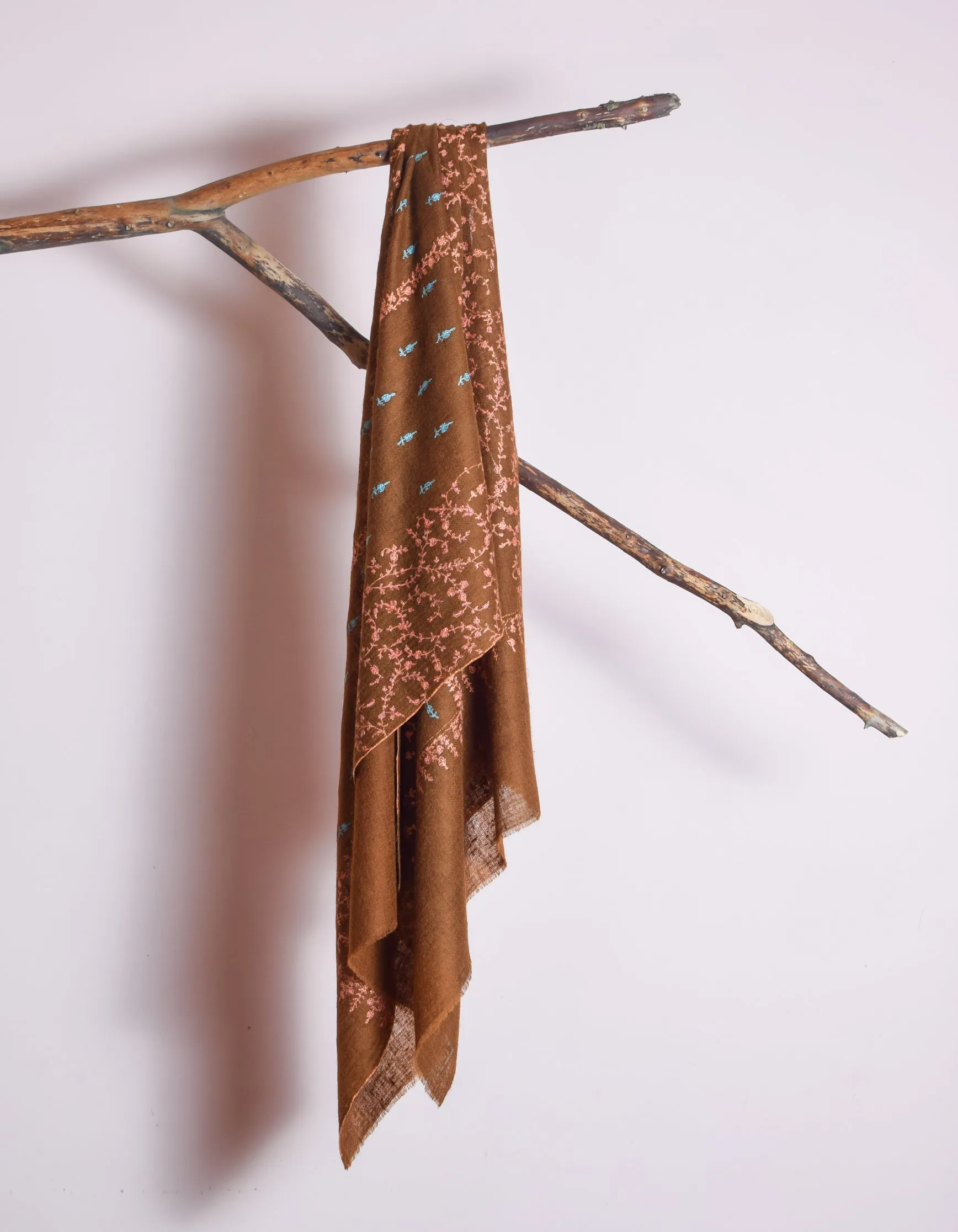 Coffee Handwoven Border Booti Embroidered Cashmere Pashmina Stole