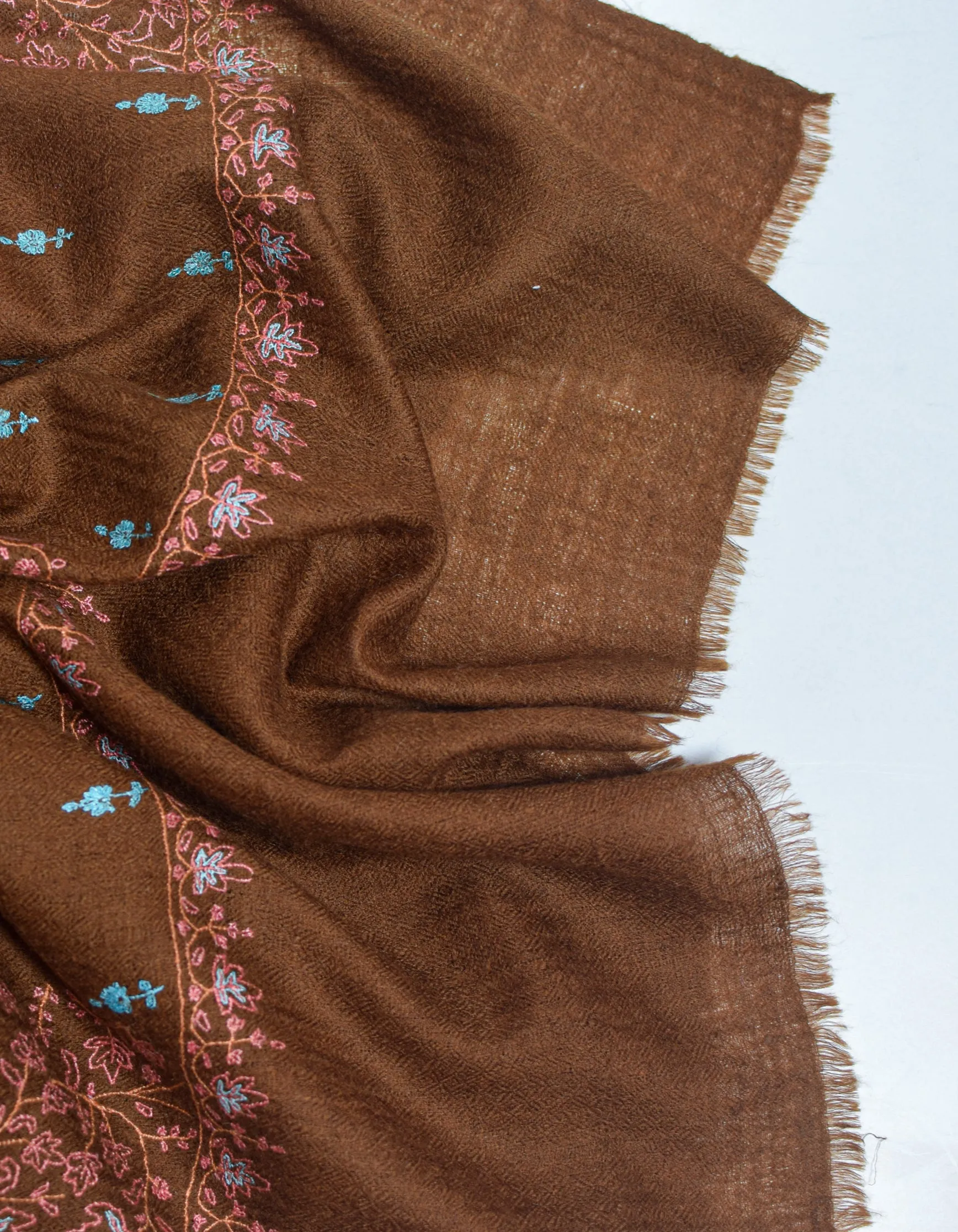 Coffee Handwoven Sozni Embroidered Cashmere Pashmina Stole