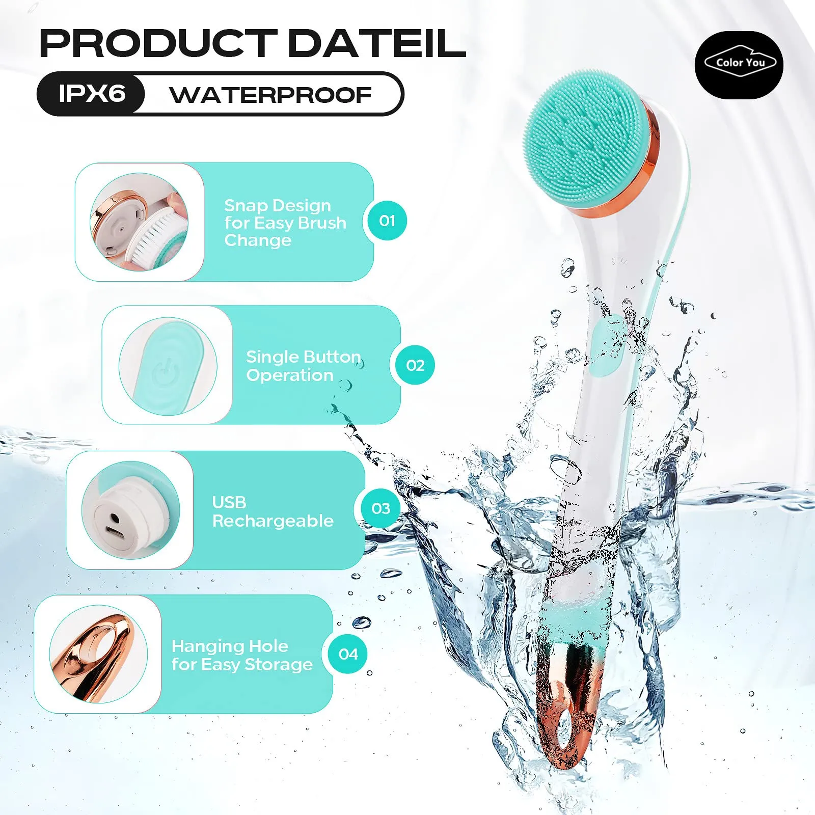 Color You Electric Body Brush for Exfoliating and Massage, Long Handle Electric Bath Brush Rechargeable Body Scrubber, Soft Silicone Spinning Skin Brush with 4 Spin Brush Heads for Man and Women