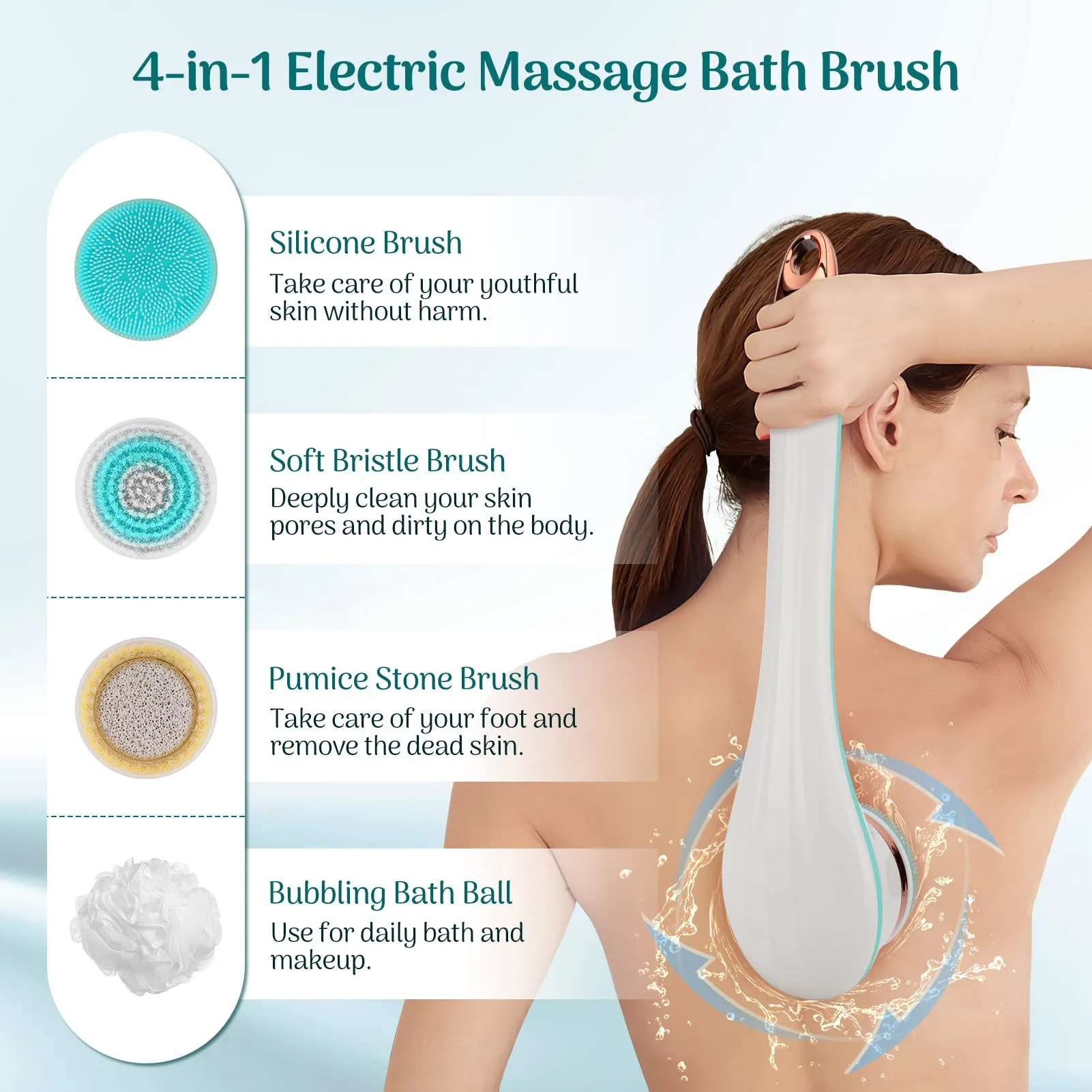 Color You Electric Body Brush for Exfoliating and Massage, Long Handle Electric Bath Brush Rechargeable Body Scrubber, Soft Silicone Spinning Skin Brush with 4 Spin Brush Heads for Man and Women