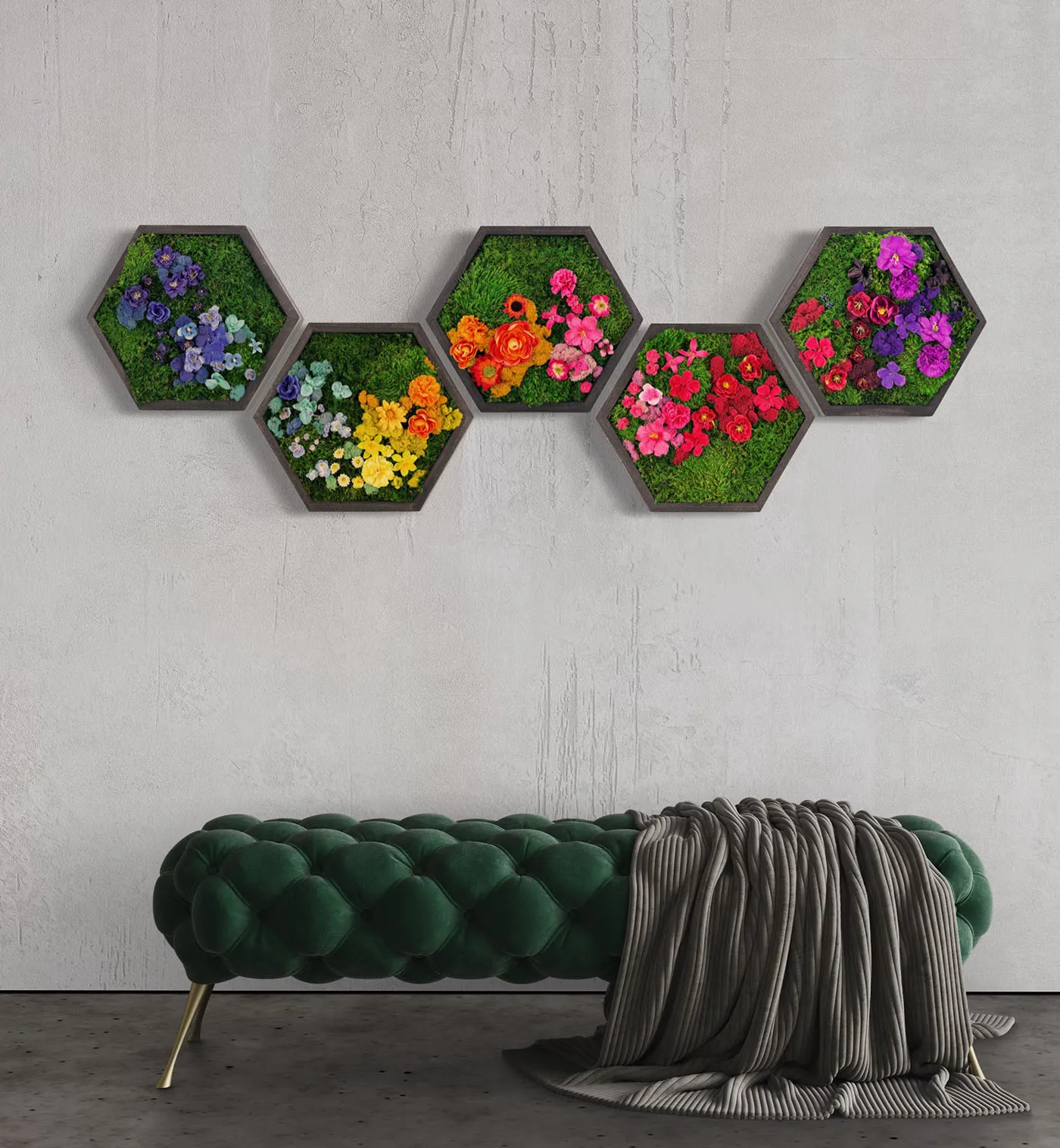 Colorful Framed Hexagon Moss Wall Art
