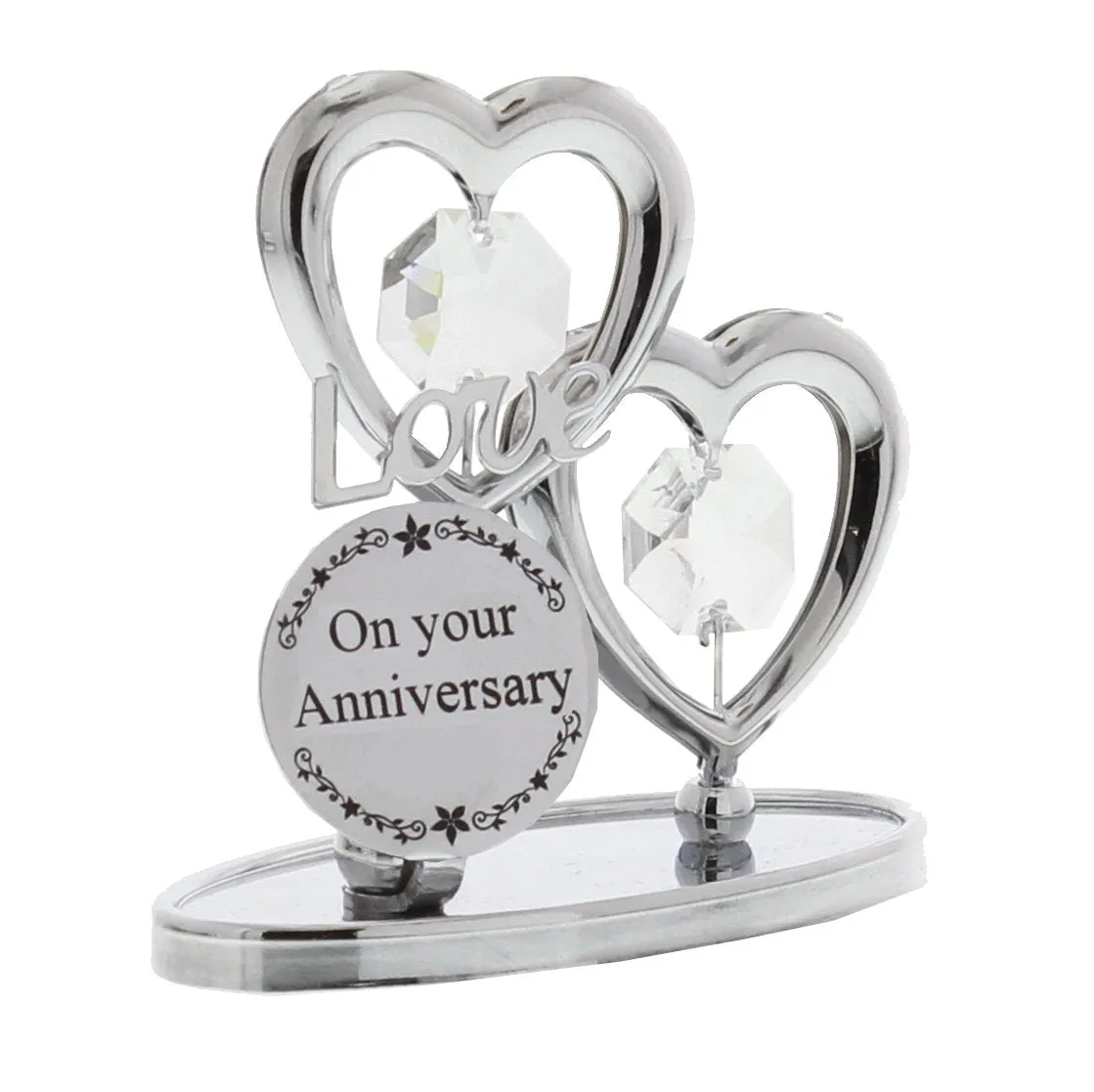 Crystocraft Keepsake Gift - Chrome Plated On Your Anniversary Gift Ornament Love Hearts with Swarvoski Crystal Elements