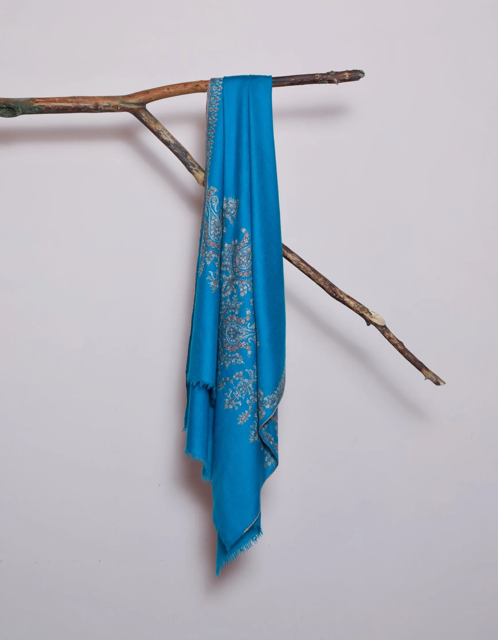 Deep Sky Handwoven Sozni Palla Embroidered Cashmere Pashmina Stole